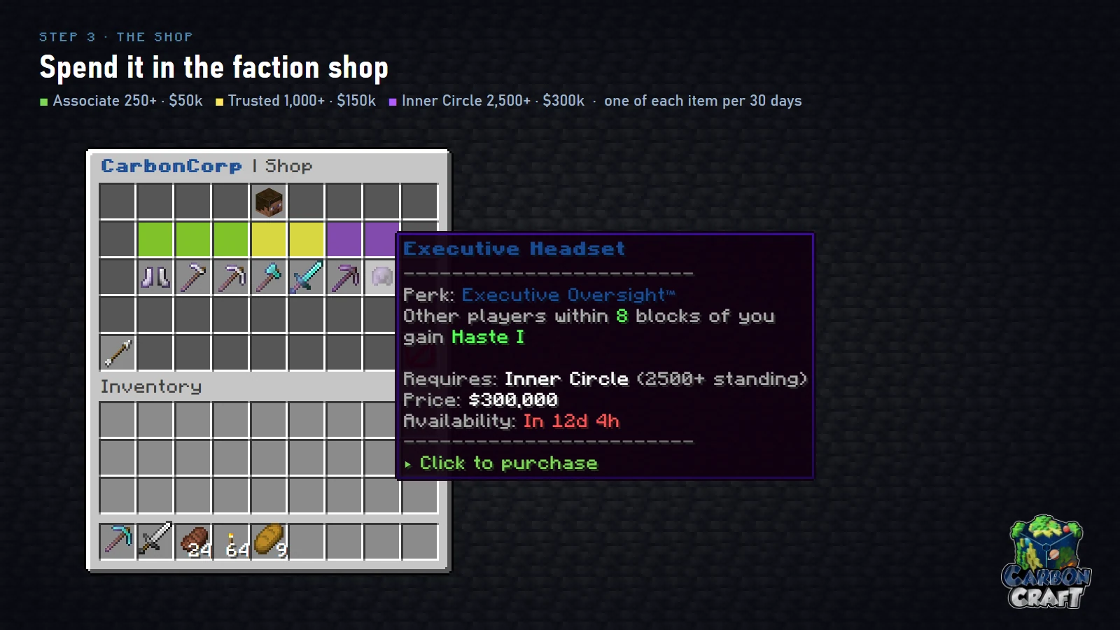 A faction shop, showing price, requirement and availability